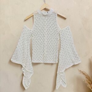Beulah White Embellished Cold-Shoulder Blouse